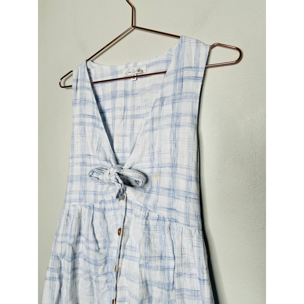 LOVE WHIT Blue Plaid Checkered Tie Front Cotton V-Neck Midi Dress Size Medium - Picture 5 of 14
